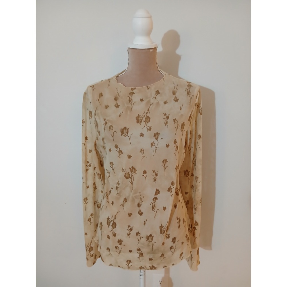 Davi & Dani Large Women Tan Brown Floral Sheer Mesh Long Sleeve Top Fairy Grunge